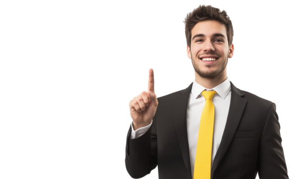 Young businessman in a suit raises his index finger. Expresses the meaning of increasing efficiency or effectiveness in business operations as number one. with a confident smile