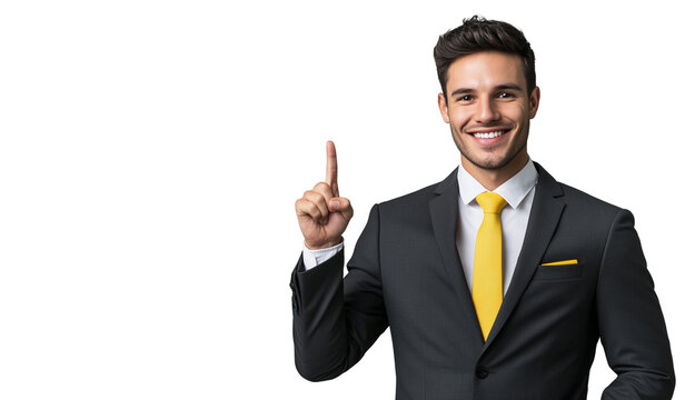 Young businessman in a suit raises his index finger. Expresses the meaning of increasing efficiency or effectiveness in business operations as number one. with a confident smile