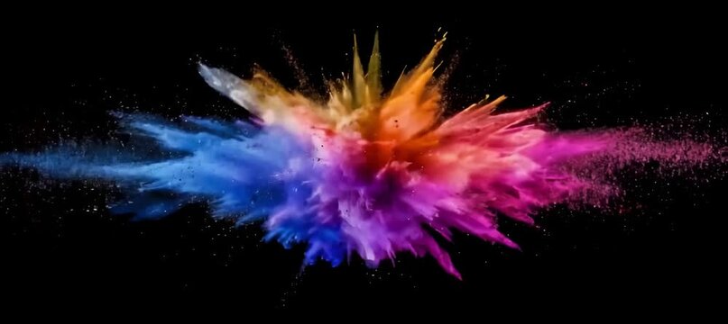 Black background with colorful powder explosion, vibrant colors, motion blur effect, creative concept for festival or holi color party