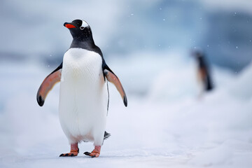 Naklejka premium A penguin standing in a snowy landscape during daytime