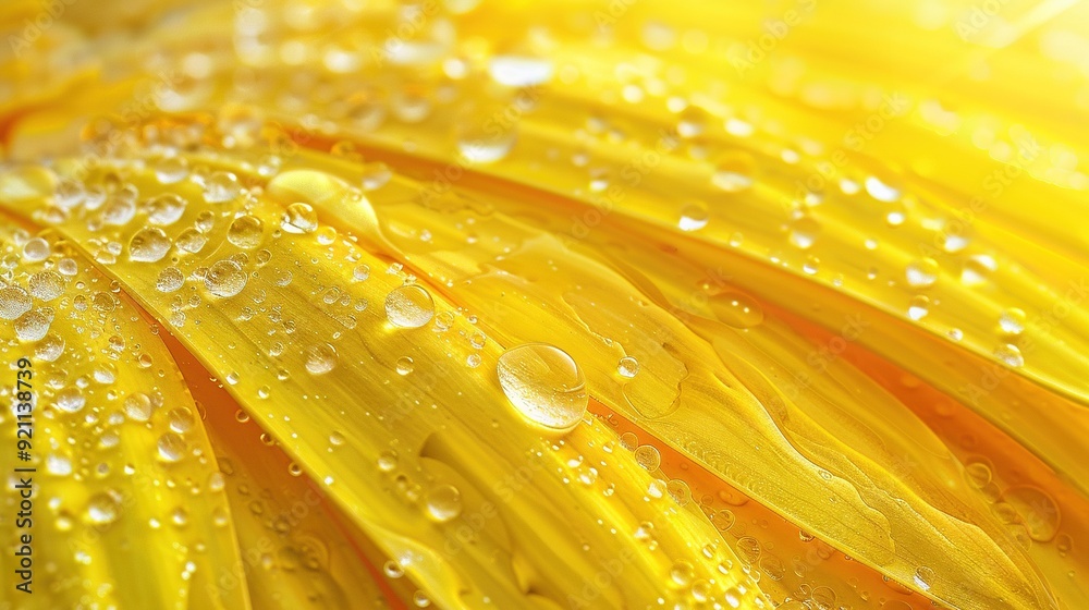 Sticker   A close-up image of a yellow flower with droplets of water on the petals, showing detail on each individual petal