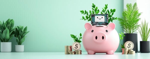 A cheerful piggy bank adorned with greenery, symbolizing savings and financial growth in a modern setting.