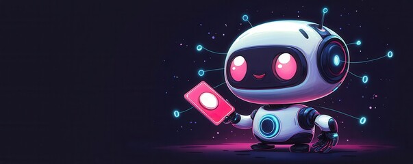 A cheerful robot character holding a card, set in a vibrant, futuristic background, representing technology and innovation.