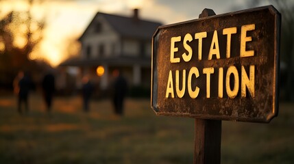 Sign that reads “ESTATE AUCTION” - older home - crowd - estate sale - antiques - yard sale 