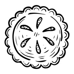 Pie with filling hand drawn doodle. Baked closed bun. Bread. Sweet biscuit dessert food. Confectionery sugar pastry. Bakery product. Vector outline line art illustration.
