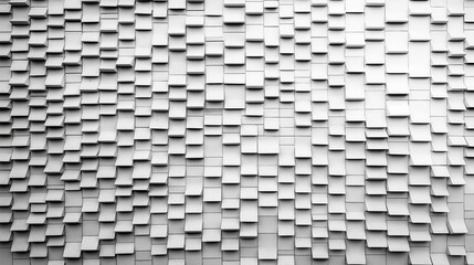 Abstract white wall with textured, overlapping rectangular panels creating a dynamic visual pattern.