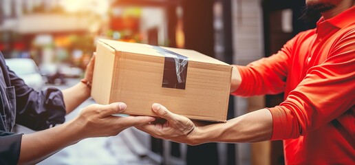 Delivery man hands a package to a customer. The package is wrapped in brown paper and has a black label on it. The delivery man is wearing a red shirt.