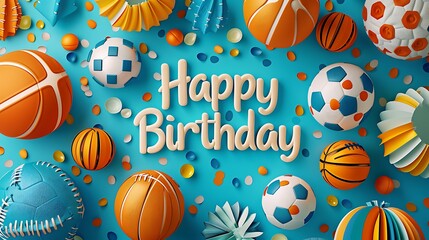 A fun paper art banner with "Happy Birthday" letters encircled by paper soccer balls, basketballs, and footballs, set against a bright and cheerful sports-themed background, hd quality, natural look.
