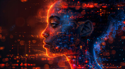 A futuristic illustration of a woman's face with vibrant digital elements and glowing digital elements on a dark background, representing technology and innovation