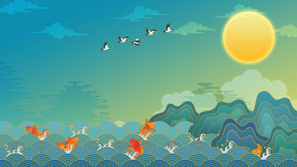 Oriental landscape painting background illustration, traditional oriental painting with waves, sea, rocks, and moon