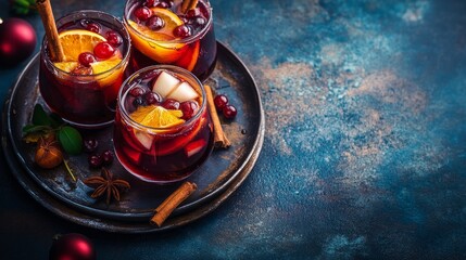 Christmas sangria or mulled wine flavored with citrus, apple, and cherry fruits, and aromatic spices. Warm and traditional spiced drink for Christmas, infused with orange, berries, cinnamon, cardamom,