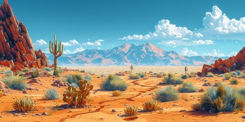 A breathtaking desert scene with diverse cacti, vibrant colors, and majestic mountains under a clear blue sky