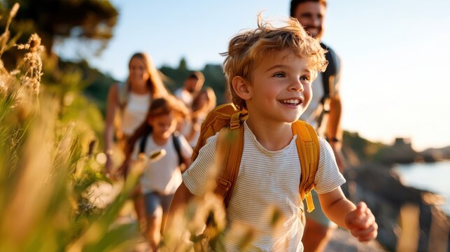A young child in a yellow coat leads the way during a family hike in nature, exuding excitement and curiosity as they explore the outdoors on a bright, sunny day.