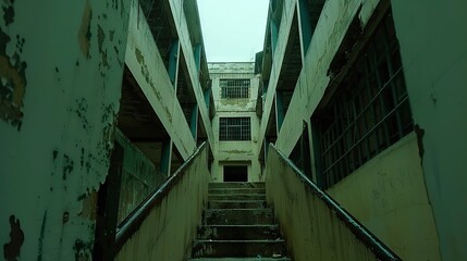 Fototapeta premium A set of stairs leads to a building with jail cells on either side and a cell beyond