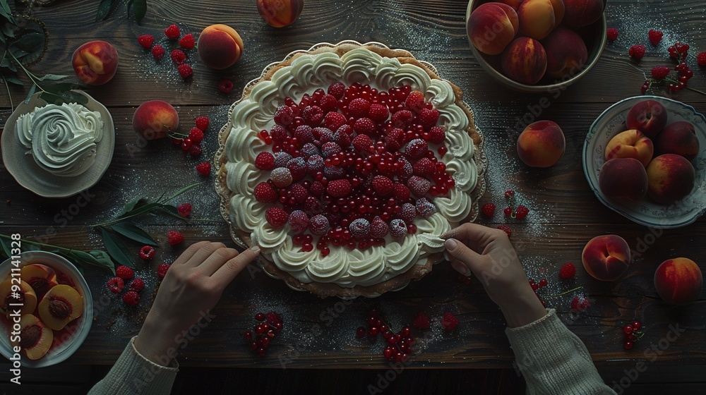 Wall mural an individual placing raspberries and peaches on a table, using plates and bowls to display an array