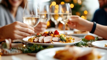 A festive Christmas dinner table set with elegant dishes and glasses. People enjoy a delicious holiday meal together, creating a warm and joyful celebration atmosphere.