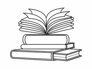 continuous single line drawing of stack of books with open book on top, line art vector illustration
