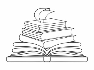 continuous single line drawing of stack of books with open book on top, line art vector illustration
