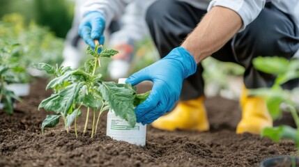 Naklejka premium A person in gloves tending to garden plants, placing fertilizer or soil around a young seedling in a neatly maintained garden bed, representing gardening care.