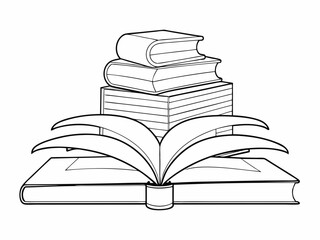 continuous single line drawing of stack of books with open book on top, line art vector illustration
