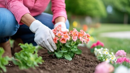 Fototapeta premium A person is planting colorful flowers in a blooming garden bed while wearing gloves, showcasing the beauty and dedication involved in maintaining a flourishing garden.