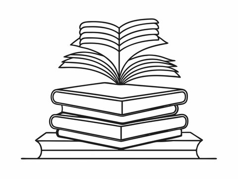 recommend clip art: continuous single line drawing of stack of books with open book on top, line art vector illustration
                    