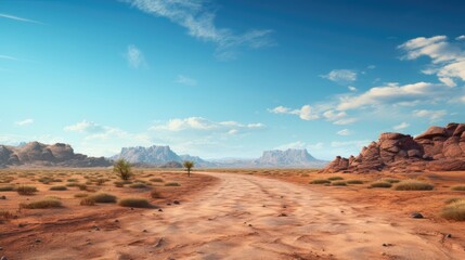 Naklejka premium A serene desert landscape with a winding dirt road and distant mountains under a clear sky.
