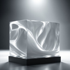 White glass cube on top of a black base and a bright white light singing from above, abstract dark background, high-resolution, 3D rendering