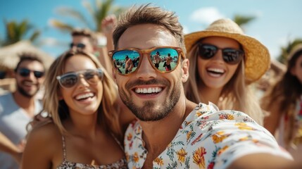 A group of friends wearing hats and sunglasses smiling and posing happily at a beach gathering with palm trees in the background, evoking a sense of fun and camaraderie.