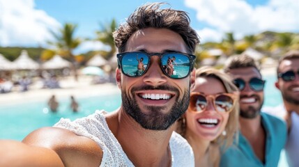 Obraz premium A smiling group of friends enjoys poolside fun under sunny tropical skies, representing happiness, relaxation, and the vibrant energy of a memorable holiday moment together.