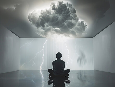 A thunderstorm over a man sitting on the floor. Artificial intelligence.