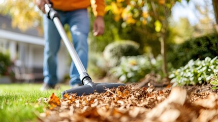 A person in jeans and an orange sweatshirt uses a leaf blower to clear fallen autumn leaves from the lawn, highlighting the seasonal garden maintenance and cleanliness.