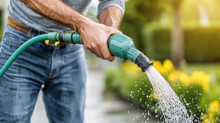 A close-up image of hands holding a garden hose, watering vibrant yellow flowers in a garden. The scene showcases the care and attention dedicated to plant growth and hydration.
