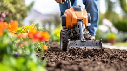Fototapeta premium A person operates a mechanized tiller which churns the soil in a garden, with flowers visible in the background, showcasing the use of modern machinery for gardening.