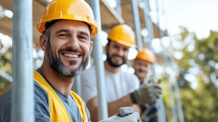 A smiling construction worker in a yellow hard hat and vest, standing confidently at the construction site with two coworkers in the background, embodying teamwork and job satisfaction.