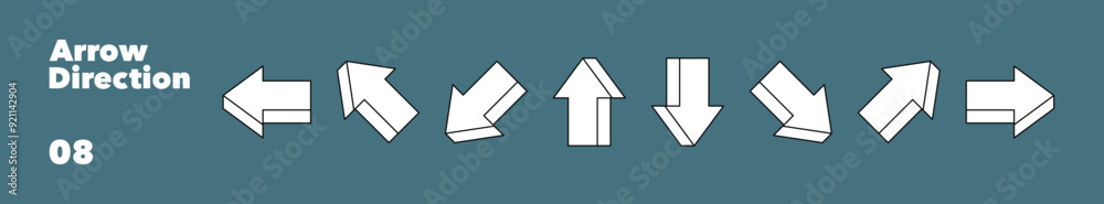 Poster set of 3d arrows with different directions. collections of arrows pointers in cartoon line style. ve
