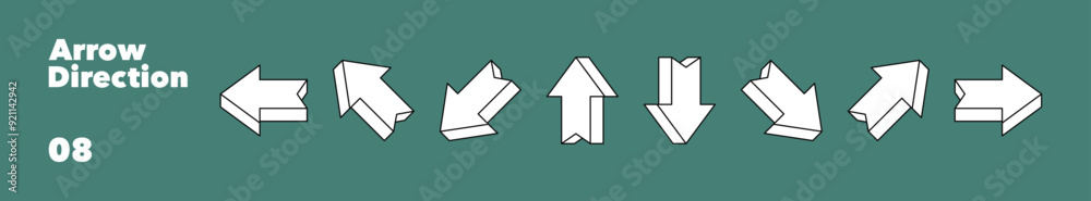 Poster set of 3d arrows with different directions. collections of arrows pointers in cartoon line style. ve