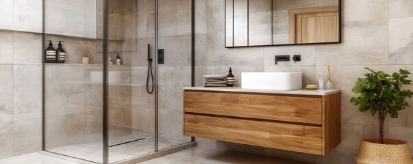 Contemporary bathroom featuring a glass-enclosed shower, a wooden vanity with a vessel sink, and a potted plant for natural decor, complemented by neutral-toned tiles