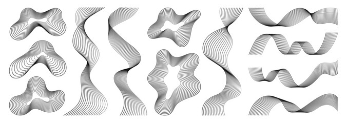 Abstract wavy lines stripes and abstract shapes in black color isolated on white background. Hand drawn lines element for design, art, decoration. Concept of music wave, digital, technology