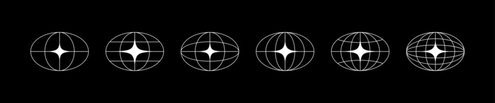 World globe grids in oval form with stars shapes. Linear striped spheres, earth latitude and longitude line grid. Retro futuristic design elements. Vector illustration