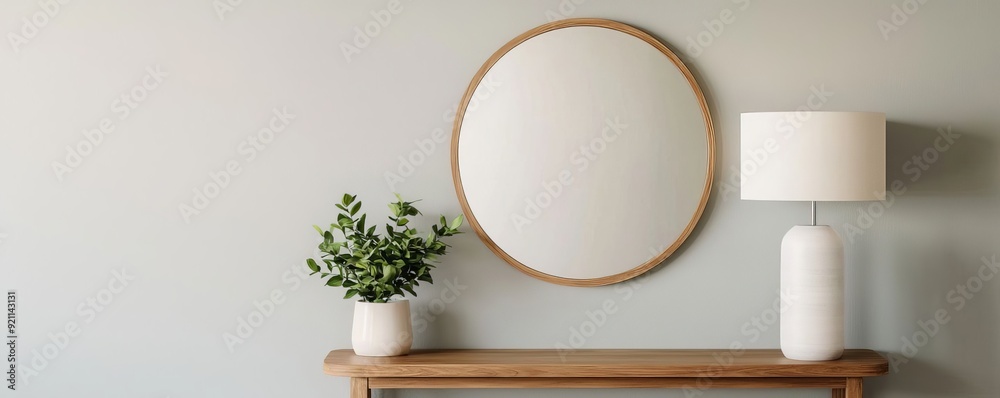 Wall mural Minimalist entryway featuring a round wooden-framed mirror, a sleek wooden console table, and modern decor including a potted plant and table lamp, creating a clean and stylish look