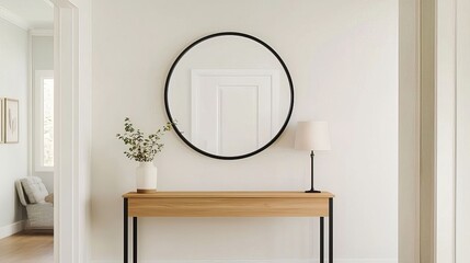Modern minimalist entryway featuring a round mirror, a sleek wooden console table with black legs, and a small potted plant, creating a clean and inviting atmosphere
