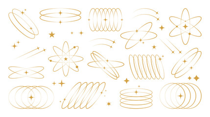 Trendy aesthetic shapes in y2k style. Outline line elements with stars and sparkles in gold color. Abstract geometric signs in retro style. Aesthetic of cosmos and galaxy. Vector illustration