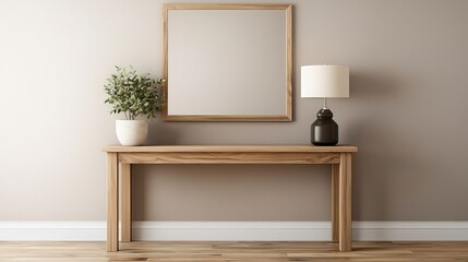 Minimalist wooden console table adorned with a matching framed mirror, a potted plant, and a sleek table lamp, creating a simple and elegant entryway design