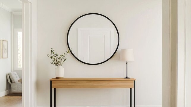 Modern minimalist entryway featuring a round mirror, a sleek wooden console table with black legs, and a small potted plant, creating a clean and inviting atmosphere