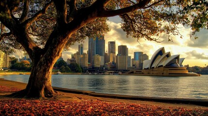 Naklejka premium A stunning view of Sydney's skyline framed by trees and autumn leaves. The iconic Sydney Opera House stands proudly by the water. Perfect for travel and nature lovers. AI