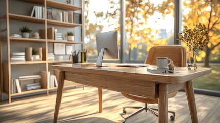 Fototapeta premium A modern home office featuring a wooden desk with a computer, a bookshelf filled with books and plants, and large windows offering a view of autumn foliage. The space is well-lit and designed for prod