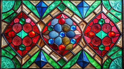 Stained glass window with abstract emerald, ruby, and sapphire shapes, stained glass, color, abstract, emerald, ruby, sapphire