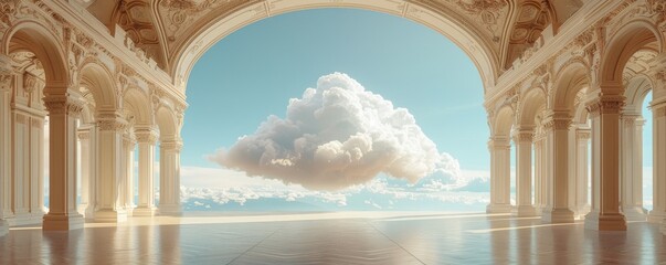 Ethereal white cloud floating in a grand, empty room with ornate arches and a scenic sky view