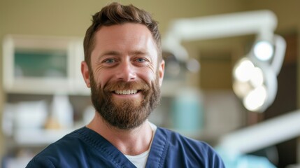 Obraz premium Friendly, bearded dentist smiling at the camera